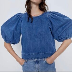 Zara The Robin Denim Blouse Top Balloon Sleeves Size XS